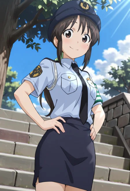 best quality, amazing quality, perfect quality, high quality, masterpiece, absolutely eye-catching BREAK
<lora:Ika_Musume_-_Keiko_Furukawa:1> IkaKeiko, mole under eye, brown eyes, black hair, long hair, low ponytail, sidelocks, wispy bangs, medium breasts BREAK
police uniform, police hat, blue shirt, short sleeves, green armband, black necktie, blue pencil skirt BREAK
outdoors, tree, stone wall, stairs, blue sky, sunbeam BREAK
1girl, solo, hands on hips, smile, closed mouth, cowboy shot, dutch angle, looking at viewer