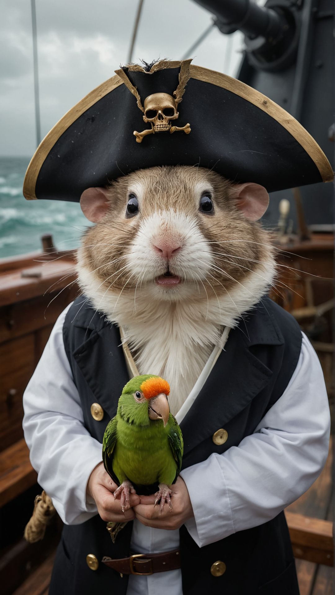 A fierce pirate captain with a tricorne hat and an eyepatch, standing on the deck of a ship during a storm, holding a cutlass, with a parrot on his shoulder A mad scientist hamster in a tiny lab coat, conducting bizarre experiments with miniature beakers and test tubes in a secret lab hidden inside a hamster wheel
Ultra realistic, professional photo, uhd, 8k
<lora:add-detail-xl:1>
<lora:CinematicStyle_v1:0.7>
OverallDetailXL