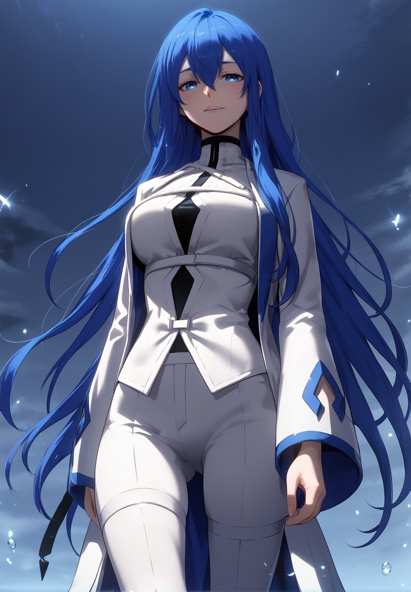 zPDXL3, score_9_up, score_8_up, score_7_up, (Anime_source),Masterpiece,(perfect female body:1.2), small waist, (incredibly detailed:1.4), slim, beautiful fingers, beautiful white skin, Beautiful clear skin, (large breasts:1.4)  thighs, looking at viewer, big breasts, ass, perfect ass,   <lora:Pridya_-_The_Priest_of_Corruption-Kaleid_PONY:0.9> pridya, 1girl, blue eyes, blue hair, long hair, hair between eyes, coat, white jacket, white pants
