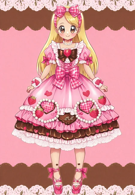 (fullbody, front facing, facing viewer) 1girl, long hair, blonde hair, straight hair, side part, big eyes, blush, closed mouth smile, sweet_lolita, strawberry print lolita_dress, (pink and chocolate color scheme), pink dress, shiny fabric, strawberry print, heart print, bow print, checkered print, chocolate print, frilly hem, white lace hem, lace trim, layered skirt, satin bow, pink waist bow, (square neckline), lace-trimmed sleeves, puff sleeves, (pearl necklace, necklace), pink headband, ribbon headband, rose motif headband, hair ribbon, (pink shoes, ankle strap shoes), cross-strap shoes, frilly, cutesy, candy-themed fashion, chocolate motif, strawberry motif, girly, sweet fashion, vintage doll aesthetic