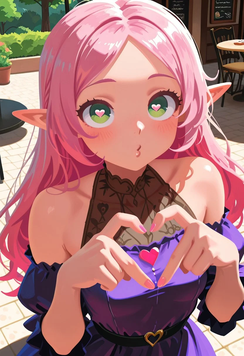 solo, o3o, imminent kiss,
elf girl, pink hair, green eyes, heart pupils, hearts, in love, t4kar4i_illu, no_outlines, no lineart, bare shoulders, purple dress, heart hands, portrait, outdoors, cafe,
masterpiece, best quality, absurdres, (dynamic pose)
