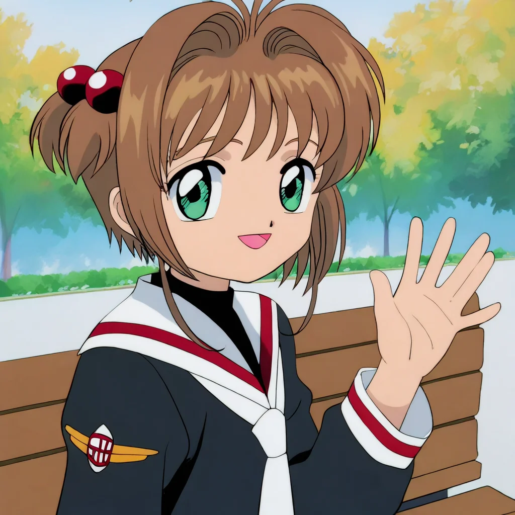official art, anime screencap, retro artstyle, anime coloring, 1girl, CCS_Sakura, kinomoto sakura \(cardcaptor sakura)\, brown hair, short hair, bangs, antenna hair, hair intakes, hair bobbles, green eyes, smiling, open mouth, tomoeda elementary school uniform, waving, looking at viewer, sitting on a bench, outdoors, park nearby school