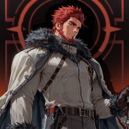 <lora:Zeke_Alchemist_Code-000003:.8> tagatamezeke, 1boy, red hair, slicked back, sideburns, spiked hair, blue eyes, solo, male focus, manly, muscle body, bara, mature male, coat, fur trim, emblem, belt, boots, pants, armor, gloves,
upper body, looking at the viewer,
(very short hair, beard, bara, mature, facial hair, stubble, beard, full beard, sideburn, beard, a lot of beard, ), facial hair,male focus, muscular male, muscular male, bara, mature,  bara, mature, aixiwuganda_(20222192), very awa, masterpiece, best quality, absurdres, newest, perfect quality, detailed background, intricate details,
<lora:slider_Body Type_alpha1.0_rank4_noxattn_last:3><lora:Anime Summer Days 2 Style SDXL_LoRA_Pony Diffusion V6 XL:.6><lora:slider_cfg_scale_boost:.7><lora:Artist6p:.55>, Artist6p, Artist04p,<lora:slider_il_brightness_slider_d1:-1><lora:slider_il_contrast_slider_d1:-1><lora:slider_DarkSlider1.2_alpha1.0_rank16_full_300steps:-.6>