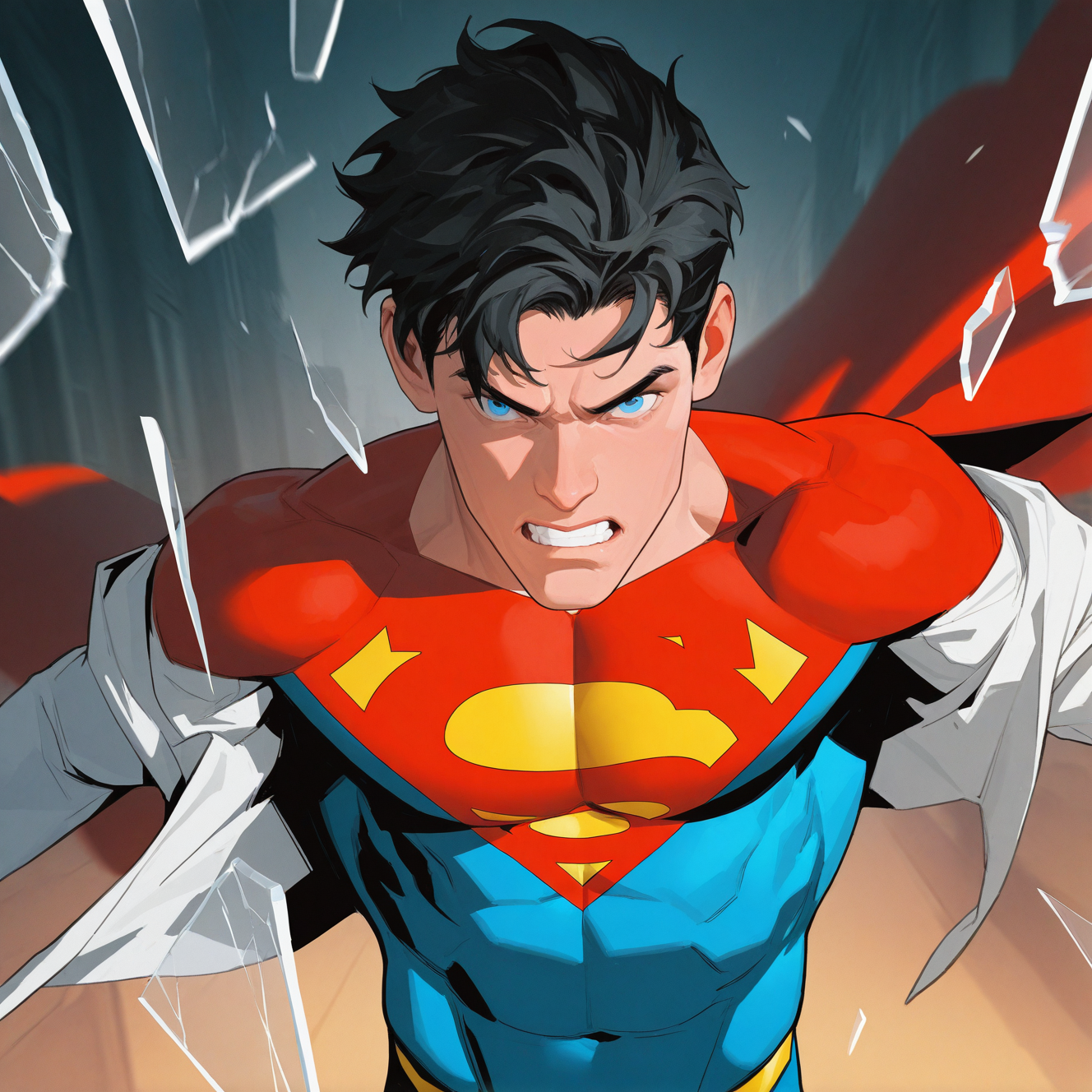<lora:JON_KENT:1>jon_kent, looking at viewer, short hair, blue eyes, shirt, black hair, 1boy, white shirt, upper body, male focus, open clothes, teeth, collared shirt, muscular, open shirt, bodysuit, muscular male, pectorals, clenched teeth, superhero, red bodysuit, blue bodysuit, cover image, two-tone bodysuit, jacket, open jacket, broken glass
,dynamic perspective, detailed background, motion blur, film grain, abstract, natural lighting, fantasy, cinematic, dynamic view, tilted angle, very awa, masterpiece, best quality, absurdres, newest, perfect quality, detailed background, intricate details, (artist:fl \(l-fl\):0.7), (artist:tooboshoo:0.7), (artist:dizdoodz:0.8)