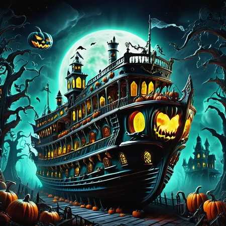 ((realistic,digital art)), (hyper detailed),h4l0w3n5l0w5tyl3DonML1gh7 Ghost Ship, Spectral, Haunted Trees, Coffins, Zombie Ambiance Lighting, Haunted Mansion, <lora:h4l0w3n5l0w5tyl3DonML1gh7-v1.1-000008:1>