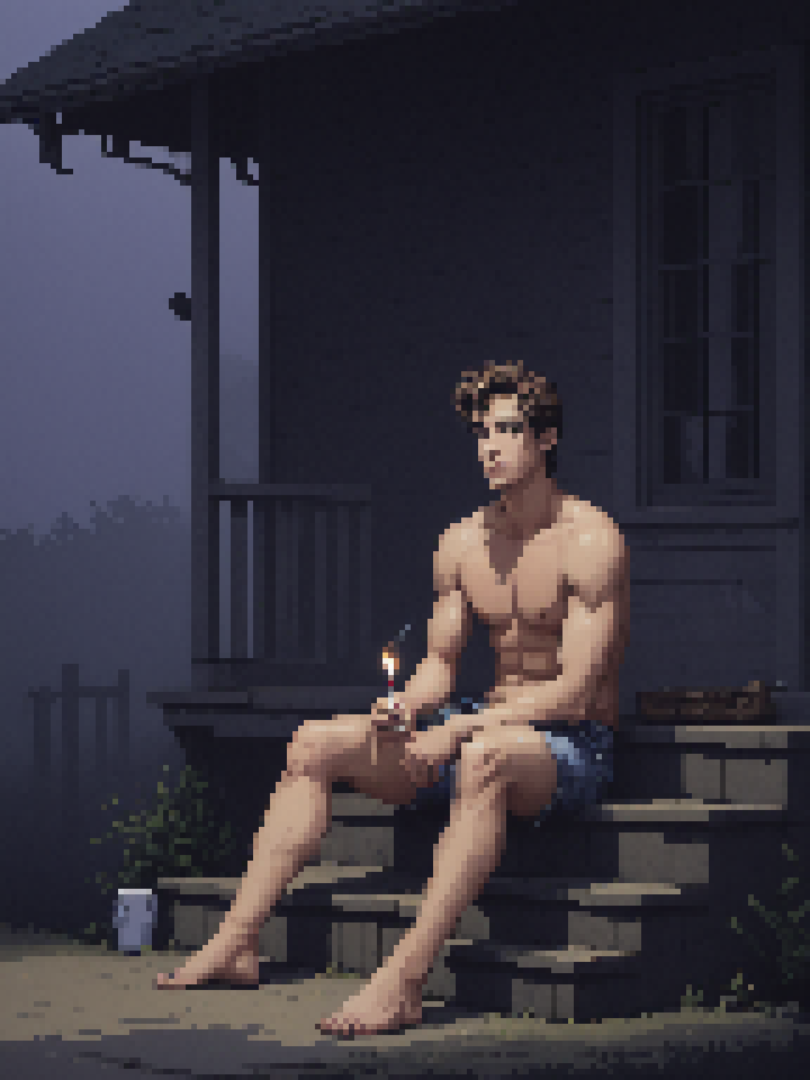 (pixel art:1.4), Dark photograph, yamer_pixel_fusion, homoerotic, a shirtless average young man, redneck, smoking cigarette, sitting on concrete steps porch of small farmhouse, hazy, smokey, film, accurate proportionate, bare chest leg thigh knee calf foot barefoot,  summer evening, nighttime, <lora:Pixel_Fusion_LORA:1>