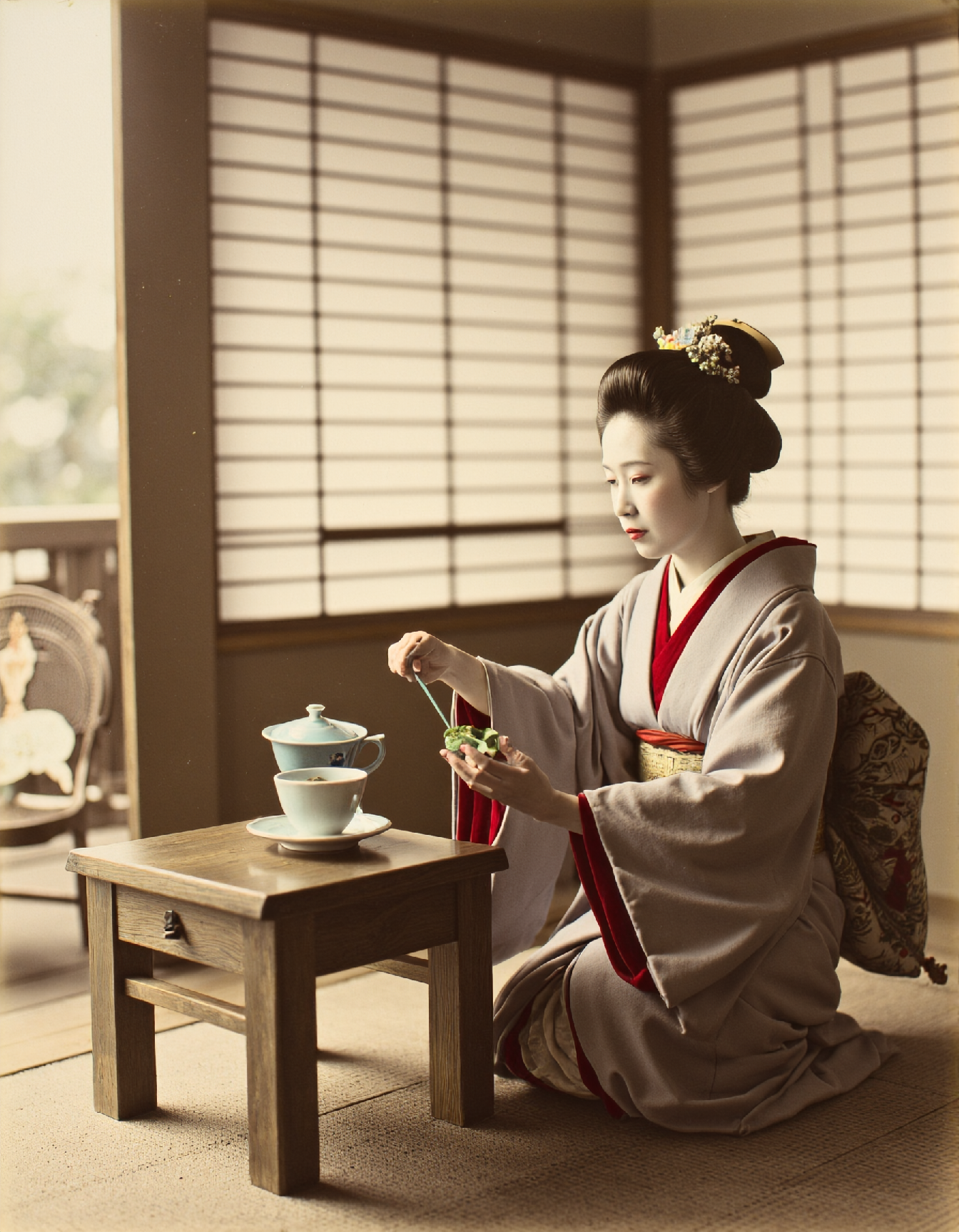OldJapan style photo of a geisha serving tea in a temple