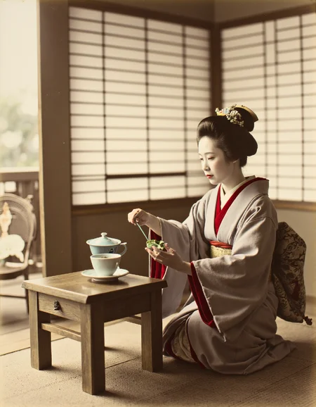 OldJapan style photo of a geisha serving tea in a temple