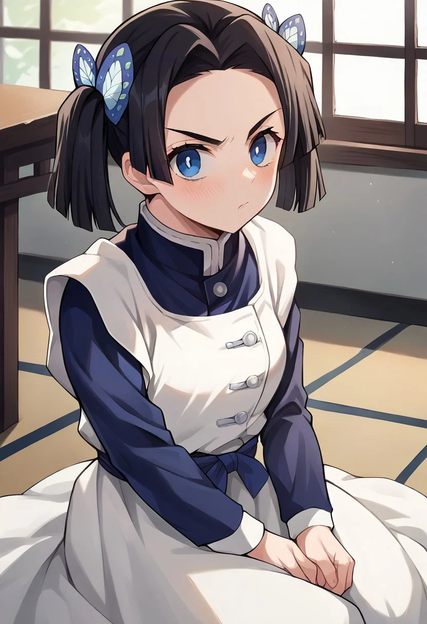 score_9, score_8_up, score_7_up, source_anime, masterpiece, 1girl, ct_a01, white apron, short over long sleeves, sash, indoors, looking at viewer, v-shaped eyebrows, sitting, blush,