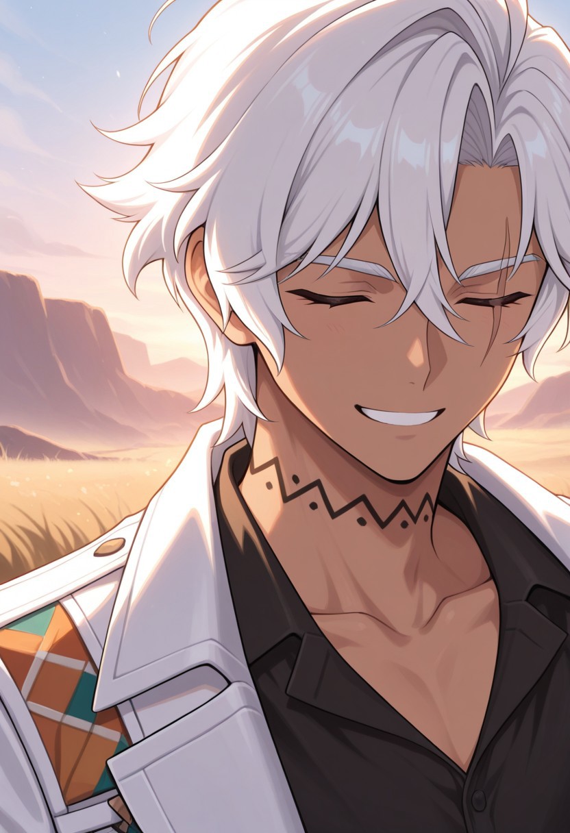 masterpiece,best quality,amazing quality, source_anime,
ifagimpa, 1boy, male focus, solo, dark skin, dark-skinned male, closed eyes, scar across eye, white hair,neck tattoo, collarbone, shirt, black shirt, coat, white coat, portrait, smile, outdoor,