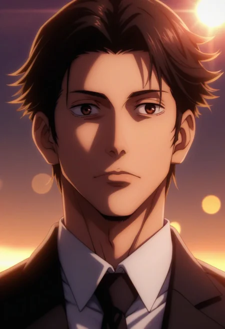 score_9, score_8_up, score_7_up, source_anime, intricate details, expressive eyes, anime screencap, perfect balance, official art, extremely detailed CG unity 8k wallpaper, perfect lighting, Colorful, Bright_Front_face_Lighting, (masterpiece:1.0),(best_quality:1.0), ultra high res,4K,ultra-detailed, photography, 8K, HDR, highres, absurdres:1.2, Kodak portra 400, blurry background, bokeh, lens flare, (Anime) (vibrant_color:1.2), professional photograph, night, (good_face:1.2), 2d, anime, upper body, intricate iris, American, Professional character design, 1man, male focus, tan skin, brown eyes, expressive eyes, perfect eyes, Curly hair, (black hair), white dress shirt, black suit, black tie, Mario mustache, italian, manly, masculine, solo, jujutsu_kaisen_style, character portrait, (Dramatic, Intense, epic, perfect-lighting, lens flare), face, torso, (checkered backdrop), 
 (black and white checker pattern) (Mario)