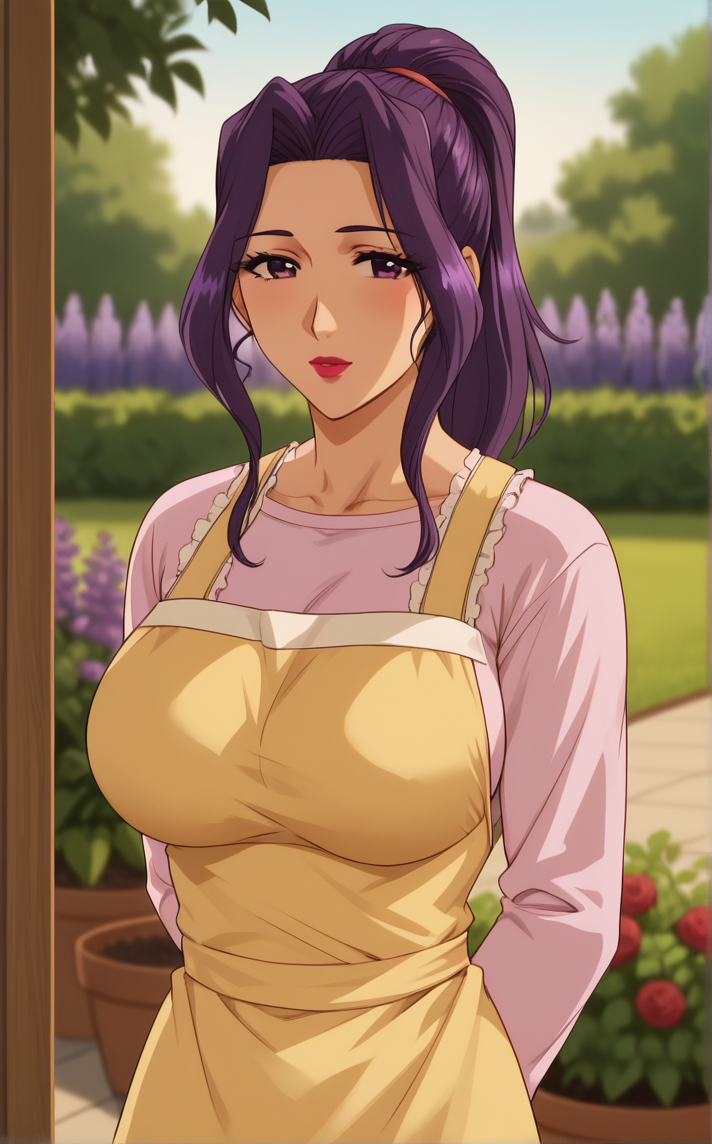 score_9, score_8_up, score_7_up, absurdres, leaning forward, arms behind back, cowboy shot, garden, wisteria, outdoors, depth of field, solo, looking at viewer,  <lora:PONYXL_MistreatedBride_MitsukoTakayanagi_ownwaifu:1>, BREAK YellowApron_MitsukoTakayanagi_ownwaifu, 1girl, hair intakes, hair up, lipstick, long hair, makeup, pink shirt, ponytail, purple eyes, purple hair, sidelocks, yellow apron, mature female, long sleeves, frills, collarbone, red lips, large breasts, eyelashes, wedding ring, <lora:add-detail-xl:0.15>,