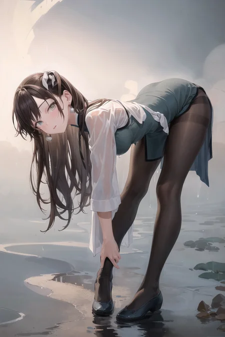 masterpiece, best quality, 1girl, yaozhi\(fkey\), yaozhi\(china_cloth\), brown hair, long hair, grey eyes, mole under eye, <lora:yaozhi_anm_v15:0.77>, china dress, black pantyhose, wet clothes, wet hair, water drop, rain, bent over, sexy, looking at viewer,
