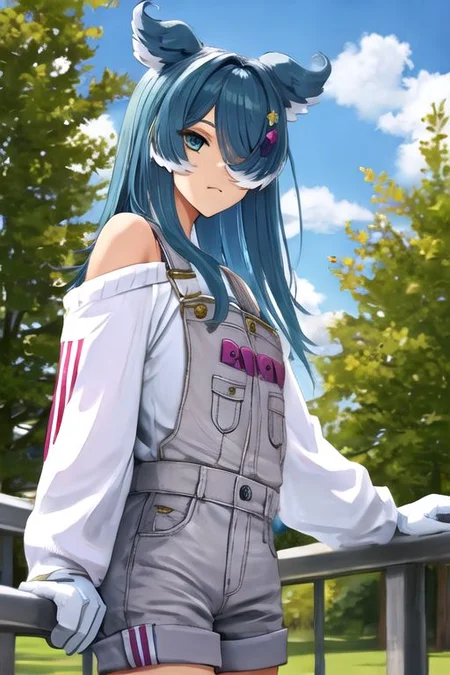 solo_focus, 1girl, (((masterpiece))), ((best quality)), ((ultra-detailed)), high resolution, absurdres, highres, ultra-detailed 8k unity wallpaper,
elira1st, long sleeves, overalls, white sweater, off shoulder, grey gloves, one eye covered, overall shorts,