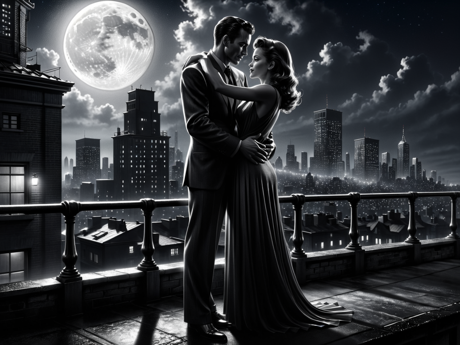 man and woman embracing, rooftop, cityskyline in the background, 1940, noir, night, moon<lora:Sin_City_Movie_Style_SDXL:0.8> mad-sincity, (masterpiece:1.2), best quality, (hyperdetailed, highest detailed:1.2), high resolution textures
