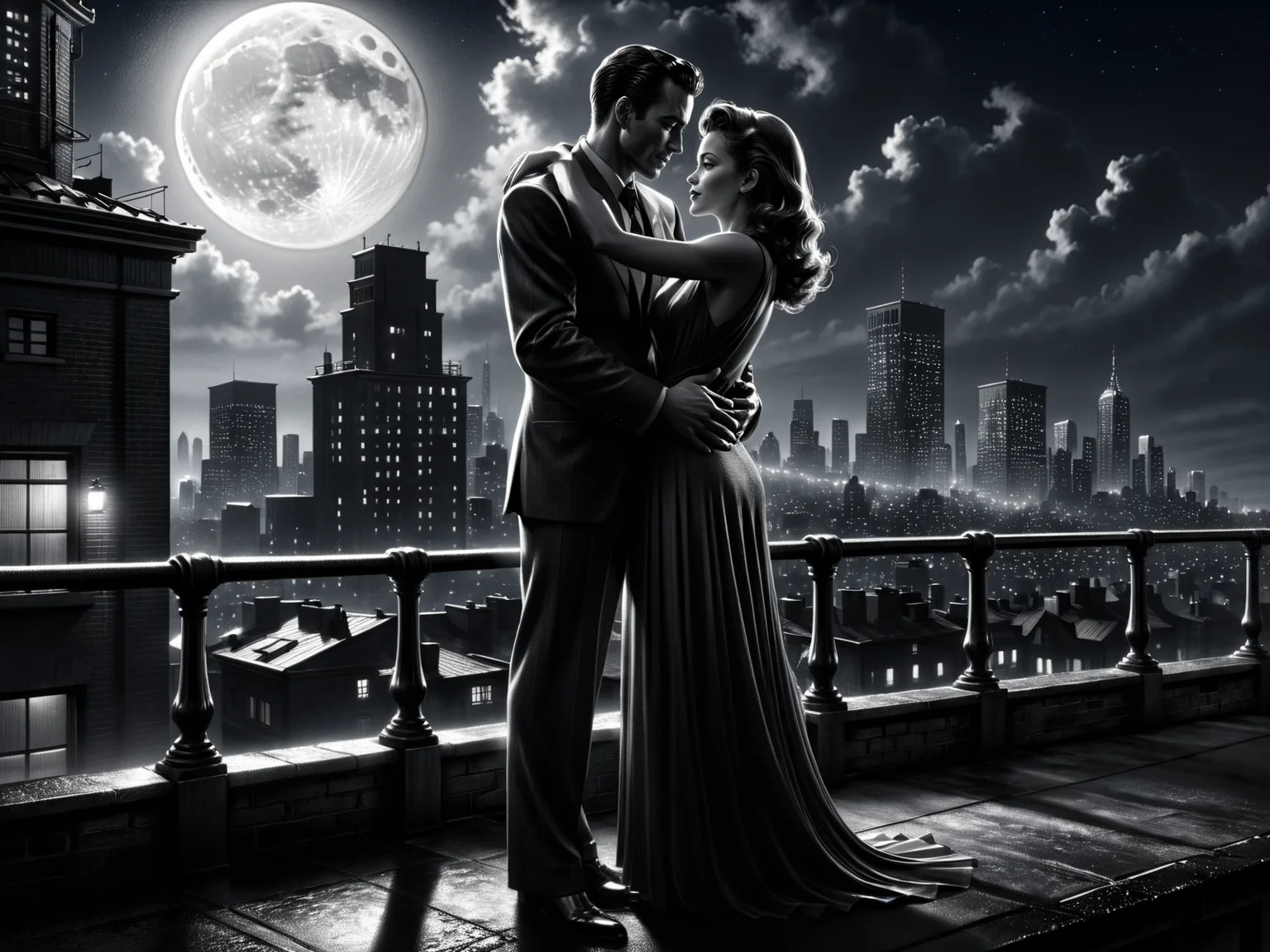 man and woman embracing, rooftop, cityskyline in the background, 1940, noir, night, moon<lora:Sin_City_Movie_Style_SDXL:0.8> mad-sincity, (masterpiece:1.2), best quality, (hyperdetailed, highest detailed:1.2), high resolution textures