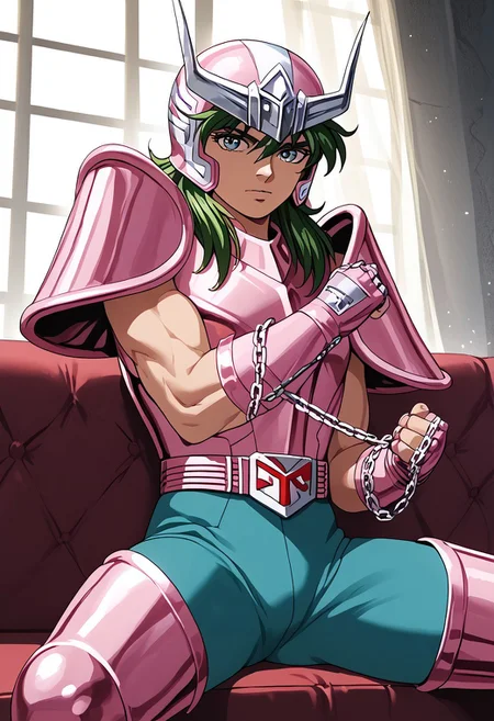 score_9, score_8_up, score_7_up, masterpiece, ANDROMESHUN,andrshunv1, 1boy, slender figure, pink pauldrons, pink two pronged helmet, long wavy green hair, green eyes, pink armor, pink vambraces, fingerless pink gloves, pink thighhigh greaves, green pants, pink belt, pink boots, chains, (highly detailed:1.2), (intricate:1.2), (best quality:1.2),(8k:1.2), (sharp:1.2), (majestic:1.2), natural lighting, detail++, looking at viewer, sitting in couch with spread legs, flexing arm, sitting in couch with spread legs, flexing arm