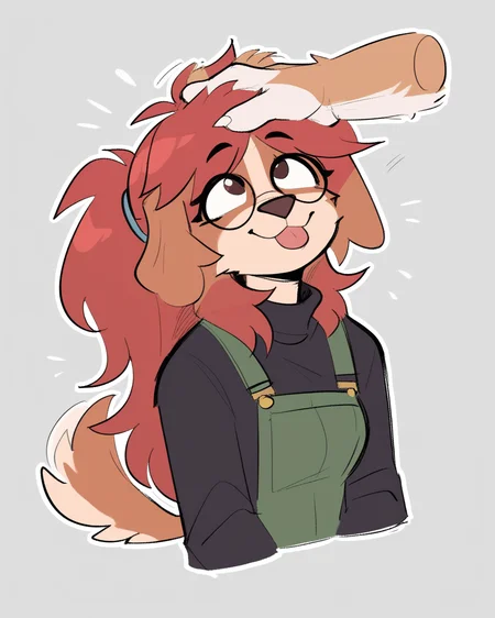 score_9_up, score_8_up, score_7_up, score_6_up, by remanedur, half-length portrait, long hair, ponytail, brown fur, round glasses, medium breasts, furry female, dog, female, furry, floppy ears, looking up, solo, smile, happy, blep, tongue out, three-quarter view, head tilt, overalls, shorts, black long sleeves, petting, petting head, head pat, disembodied hand, tail, simple background, white outline, <lora:Leah_Pines(AIM)_XL_v1:0.15> <lora:PDXL_artist_tags_v2_big:0.5> <lora:The-Minuscule-Task_PDXL_v1.0:0.6> <lora:Pepper_shany1x:0.55>