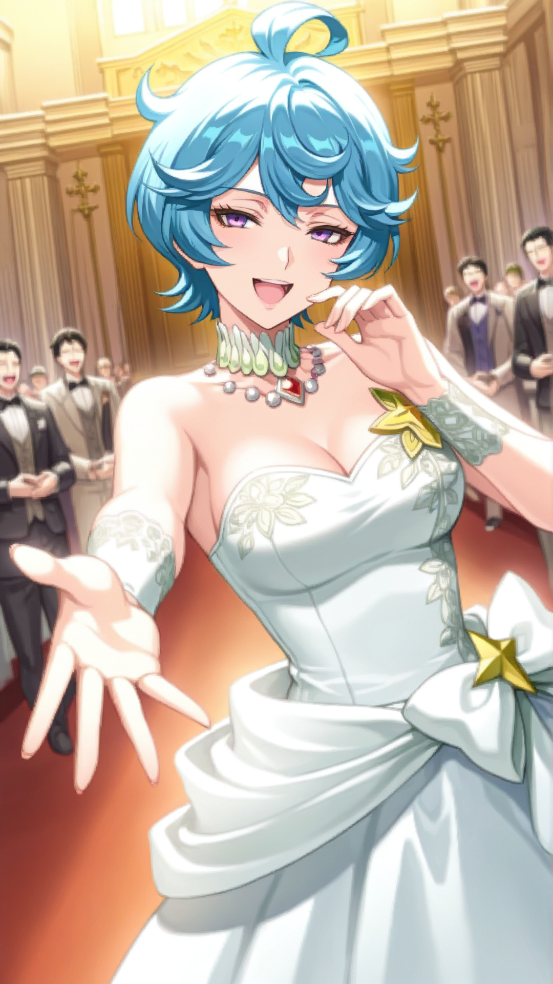 source_anime, general, best quality, masterpiece, 1girl, <lora:Aslana_Melek_ill_v1.0:1> aslana_melek\(scarlet grace\),short hair, blue hair, purple eyes,cleavage, wedding dress,chapel,solo, laughing, dynamic pose, dutch angle,solo, seductive smile, happy,  cowboy shot,