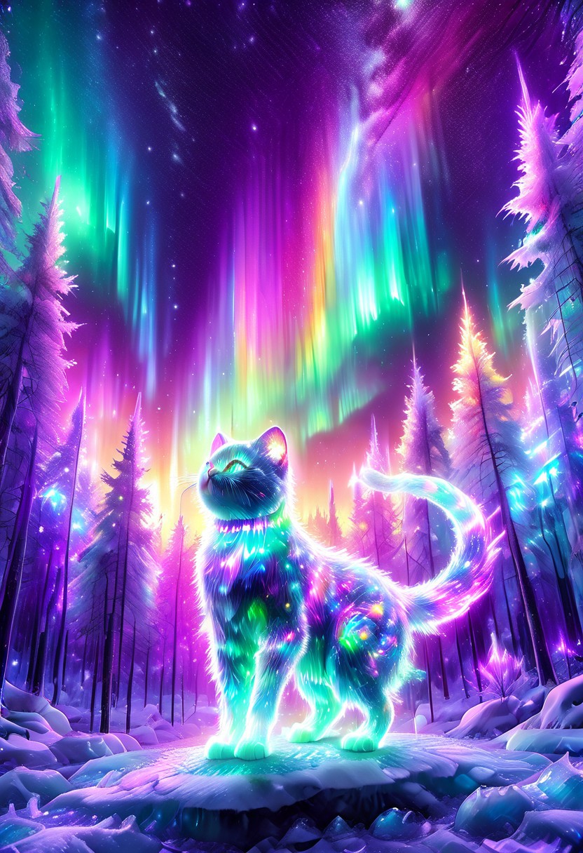lazympos, morph-aurora, A platinum-tier cat with bioluminescent fur prowls through an aurora-lit crystal forest, prismatic light shards refract through ice formations, glowing celestial patterns dance across its obsidian collar, hyper-detailed fur texture with rainbow iridescence, 8k resolution.