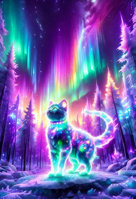 lazympos, morph-aurora, A platinum-tier cat with bioluminescent fur prowls through an aurora-lit crystal forest, prismatic light shards refract through ice formations, glowing celestial patterns dance across its obsidian collar, hyper-detailed fur texture with rainbow iridescence, 8k resolution.