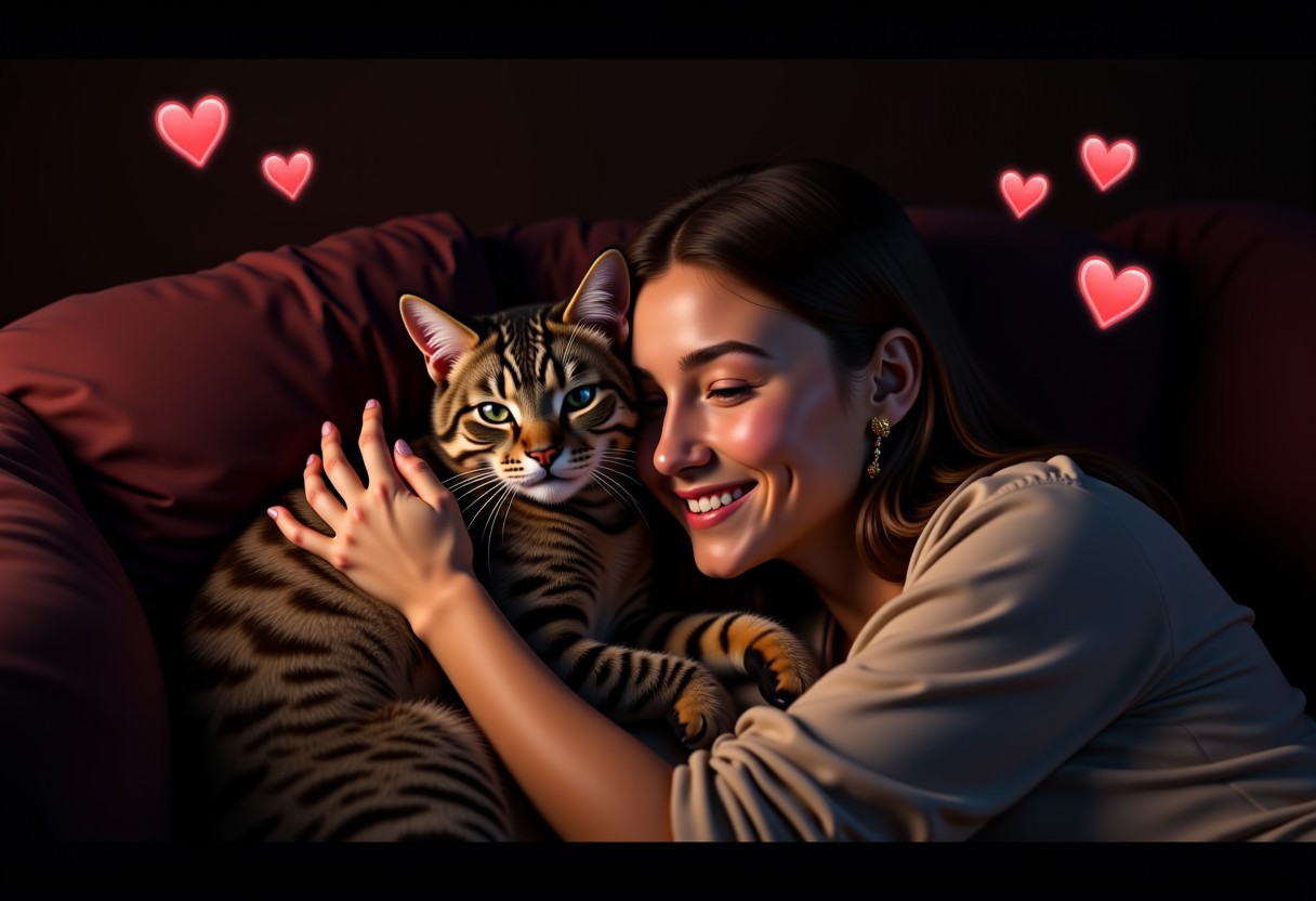 a high realistic picture of a tabby cat, the cat snuggles up to his owner who is laying on a couch. the atmosphere is dark but cozy with a dim light. the girl pets the cat and both seem very happy. small hearts frame the scene without distracting too much from the picture. There is also a small text in the corner which reads 'This is what true love looks like.'