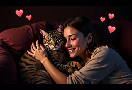 a high realistic picture of a tabby cat, the cat snuggles up to his owner who is laying on a couch. the atmosphere is dark but cozy with a dim light. the girl pets the cat and both seem very happy. small hearts frame the scene without distracting too much from the picture. There is also a small text in the corner which reads 'This is what true love looks like.'