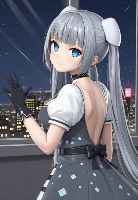 MMDress, long hair, puffy short sleeves, black gloves, twintails, grey hair, blunt bangs, black choker, blue eyes, grey dress, hair ornament, hairpods, checkered dress, collarbone, black belt, large breasts,
looking at viewer, head tilt, closed mouth, from behind, looking back, light smile, back, shoulder blades,
window, cityscape, billboard, neon lights, dark, night, night sky,
1girl, solo, solo focus, highres, absurdres, light particles, backlighting, shade, light rays, lens flare, shiny skin, fine fabric emphasis,