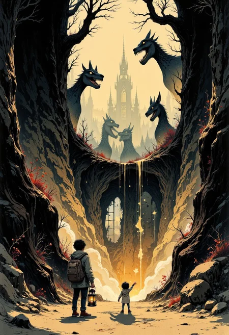 Create a beautifully detailed drawing capturing a fantastical world infused with nostalgia and shadowy intrigue. The style features clean, confident outlines with soft watercolor washes, balancing warmth and accessibility with intricate detail. The palette contrasts muted tones—warm ochres, soft reds, creamy whites—with stark, inky blacks, creating a dramatic interplay of light and shadow that evokes both innocence and mystery. The atmosphere blends vintage children’s book charm with an eerie undertone, as if balanced between reality and a shadowy dreamscape.
Characters should have naturalistic proportions and subtle expressiveness, their features gently exaggerated to reflect curiosity, resilience, or vulnerability. Dynamic shadow puppet figures may emerge in the background, their silhouettes adding to the narrative and reinforcing the duality of light and shadow. The focus will be on a specific subject—From a low angle, Henry peers into a crack in the forest floor where shadowy tendrils slither like liquid, weaving intricate puppet shapes that rise and shift before retreating into the earth. The faint, golden light of a lantern in his hand flickers, casting his own shadow into the mix, briefly becoming part of their eerie dance—carefully integrated into the scene. The composition is grounded yet surreal, seamlessly merging whimsical simplicity with haunting, thought-provoking detail to invite wonder and introspection.
