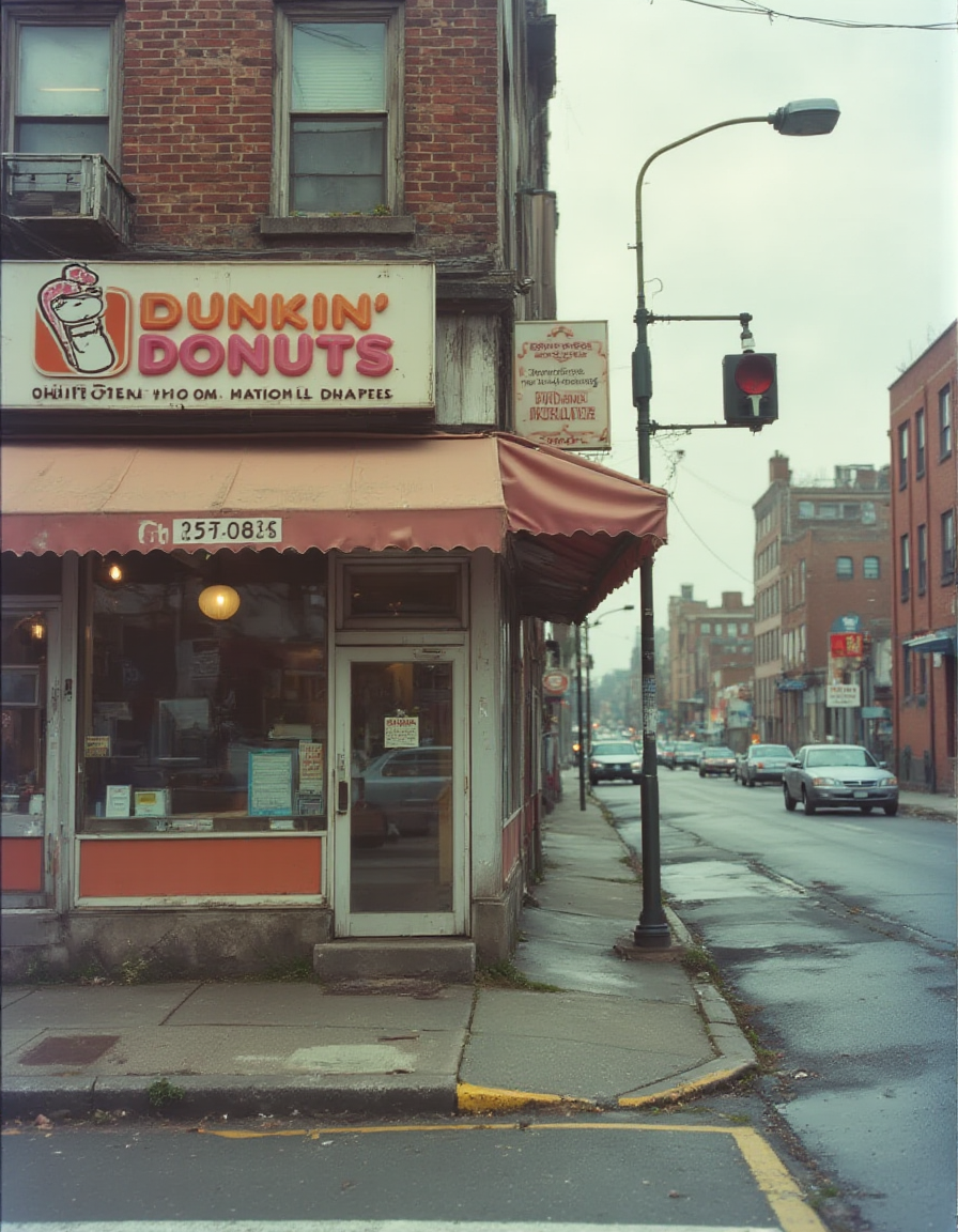 A shop sign on the street corner in Quincy, MA that reads: "Dunkin' Donuts". The sign is on the awning overtop of large glass windows. <lora:retrograde-80s:1> retr0grade80s