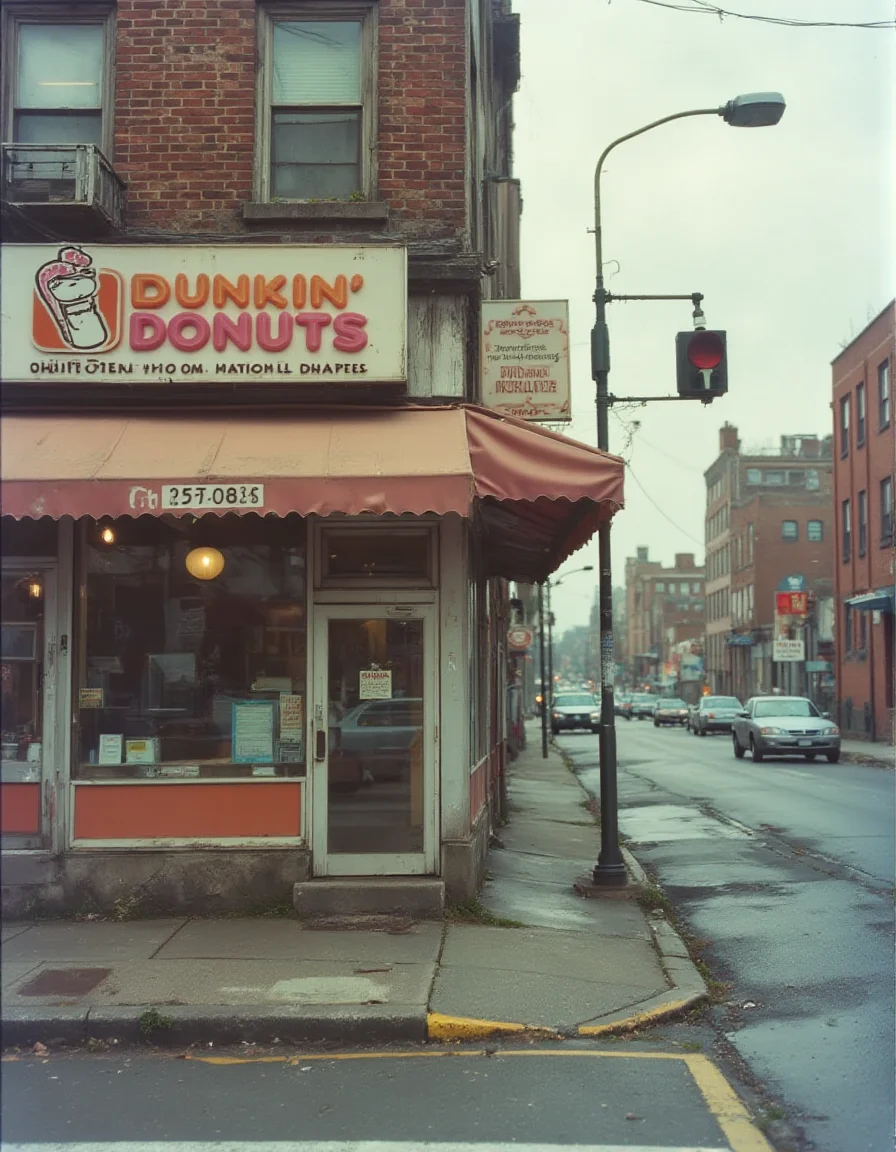 A shop sign on the street corner in Quincy, MA that reads: "Dunkin' Donuts". The sign is on the awning overtop of large glass windows. <lora:retrograde-80s:1> retr0grade80s