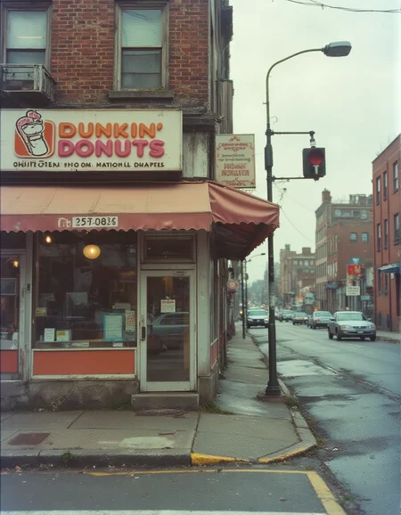 A shop sign on the street corner in Quincy, MA that reads: "Dunkin' Donuts". The sign is on the awning overtop of large glass windows. <lora:retrograde-80s:1> retr0grade80s
