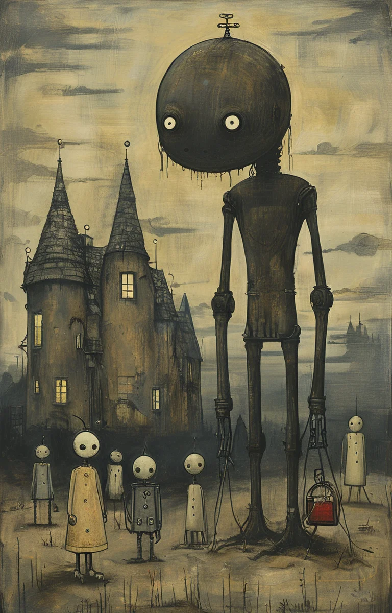 masterpiece,best quality,<lora:tbh219-sdxl:0.9>,illustration,style of John Kenn Mortensen portrait of Housework robots