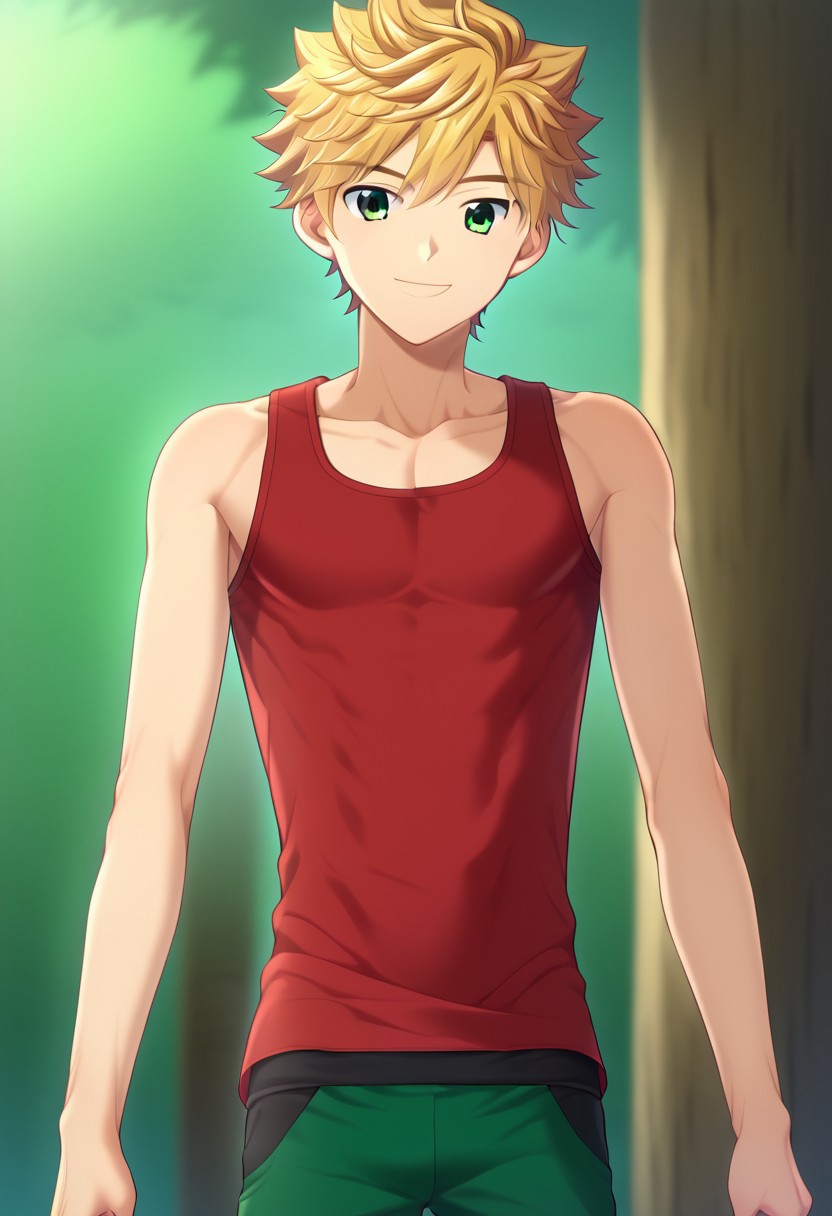 hikarishi_kenji, blond hair, short hair, bangs, green eyes, 1boy, (solo:1.20), solo focus, character with (athletic body:1.1), (balanced:1.2), red tank top, wear black trunk, smile, proportional body, strong lower body, handfixer, avarage height