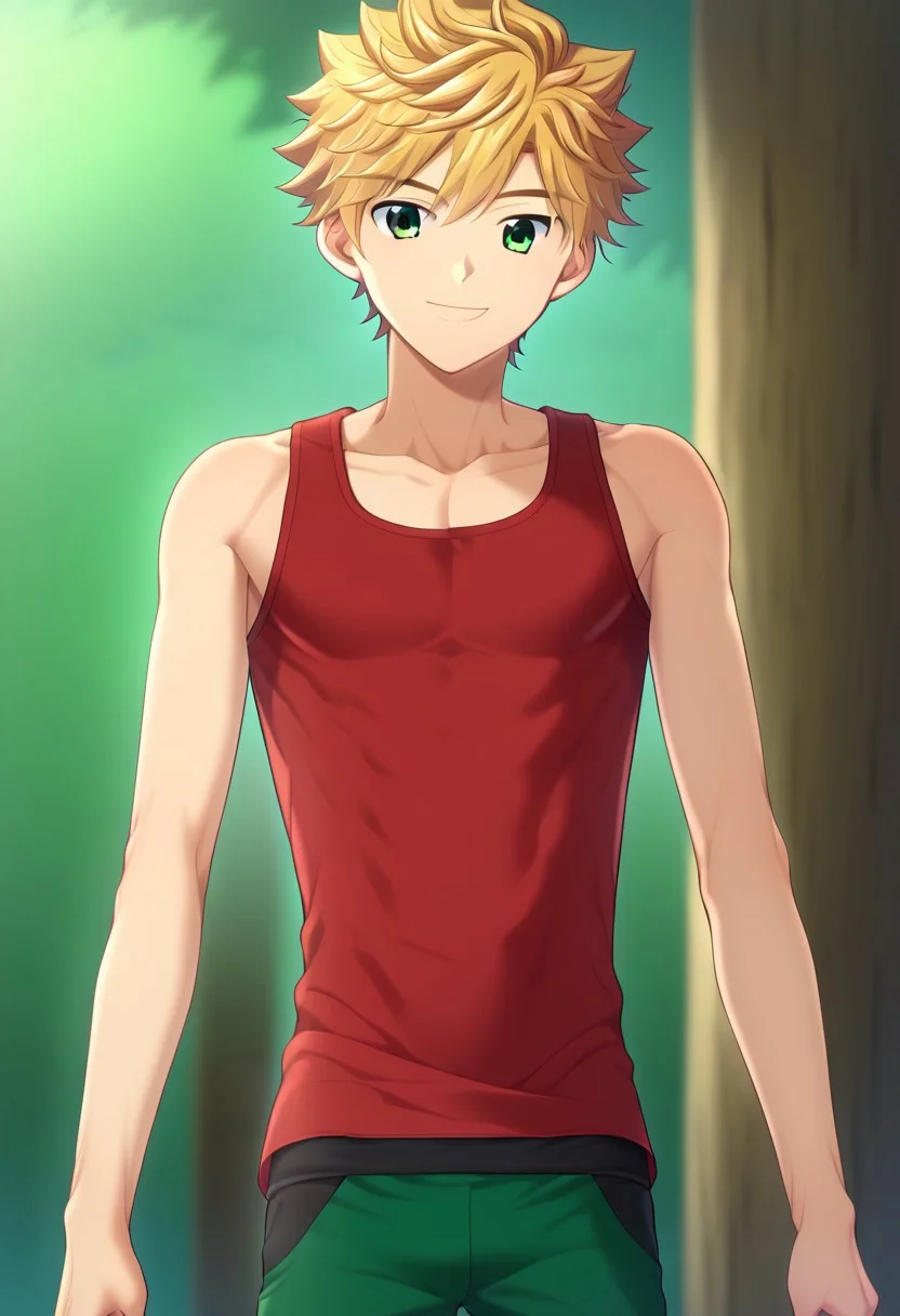 hikarishi_kenji, blond hair, short hair, bangs, green eyes, 1boy, (solo:1.20), solo focus, character with (athletic body:1.1), (balanced:1.2), red tank top, wear black trunk, smile, proportional body, strong lower body, handfixer, avarage height