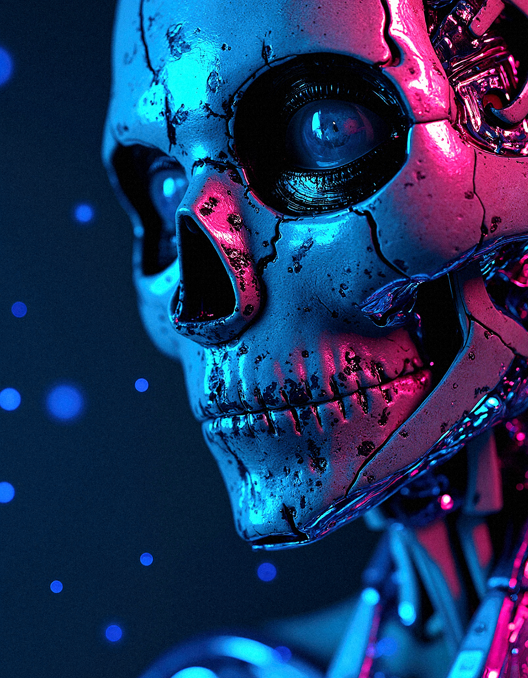 Mechanical Symbiosis of Flesh and Circuitry, a detailed, close-up view of a female cyborg’s face, with Perfect Eyes and Detailed skin, where a skeletal mask, dripping with viscous fluids, is fused with her skin. Neon blue and magenta circuitry from a digital matrix meld into her features, as if her entire being is one with the digital world. Her piercing blue eye seems to be a window into an advanced AI, pulsating with awareness. The metallic components of her face glisten under the electric light, while the digital circuitry network surrounds her like a halo, creating an ethereal, yet haunting, atmosphere. The background fades into a digital abyss, where cascading lines and neon patterns reflect her connection to this cyber network, suggesting she is a conduit of pure data.









