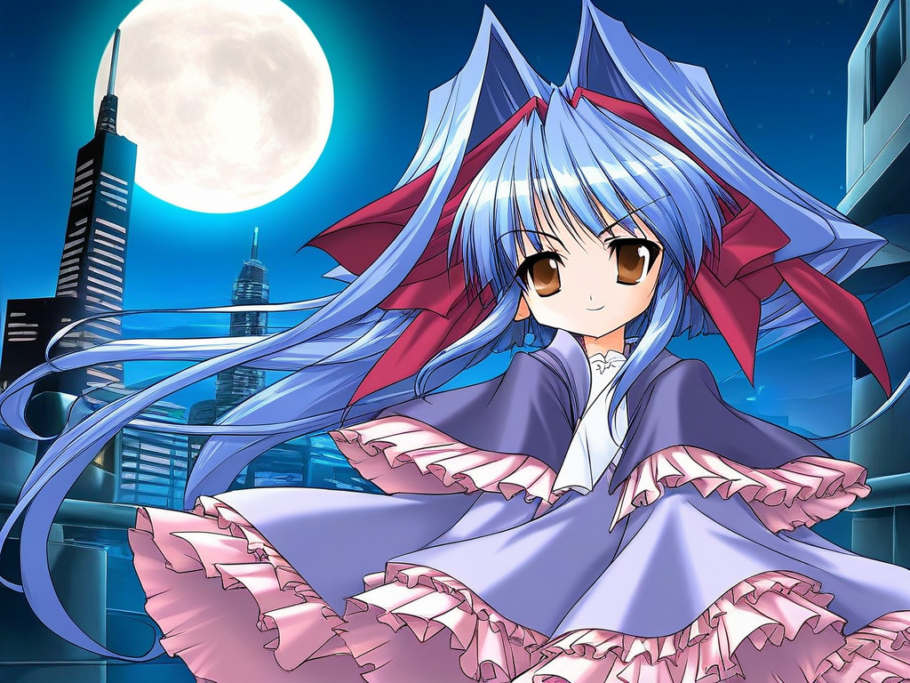score_9, score_8_up, score_7_up, source_GAME, rating_explicit, BREAK <lora:Shion_mahjong_XL:1> Shion_mahjong, very long hair, blue hair, hair bow, hair intakes, brown eyes,  short stack, hair bow, white and purple dress 
solo, bow, upper body, capelet, frills, wine red hair ribbon,  looking at viewer,
cute face
cyberpunk, gigantic size full moon,  night, near future city, buildings, outdoors,