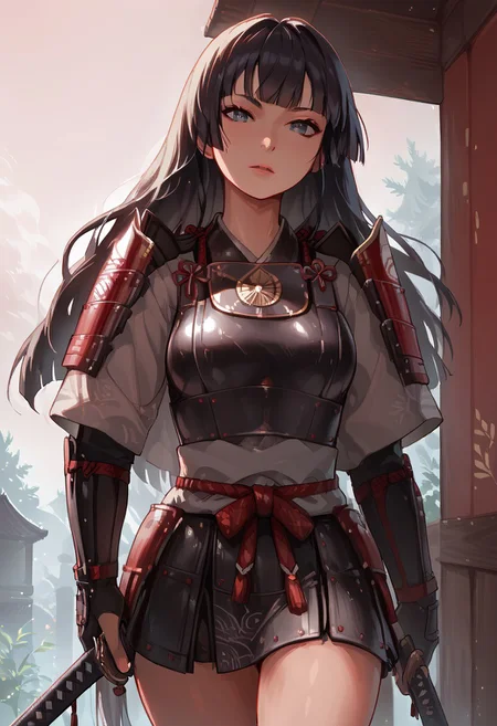 score_9, score_8_up, score_7_up, 1 woman, Japanese, samurai, looks around 20, long hair, straight hair, black hair, medium natural breasts, female focus, katana, samurai armor, rushing at viewer