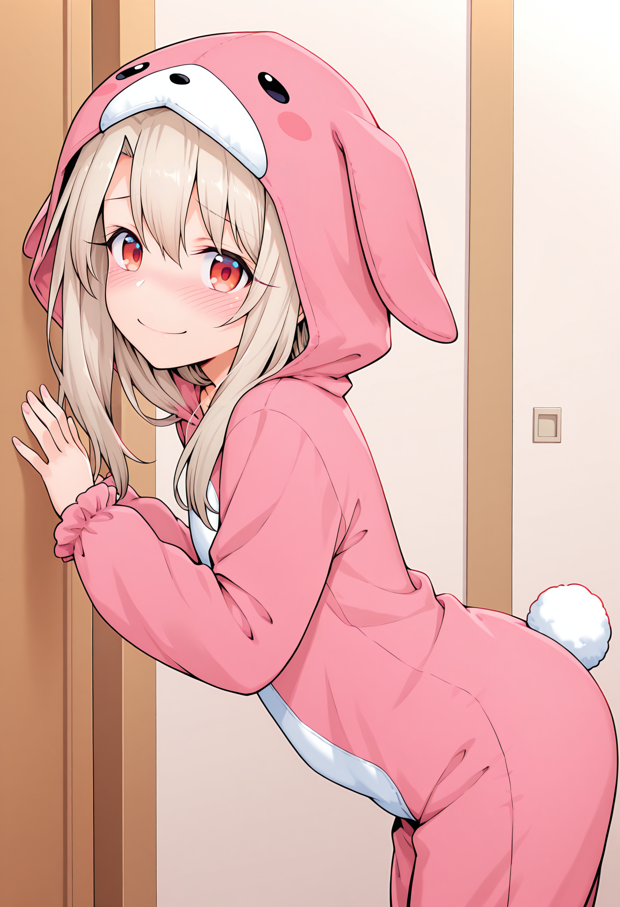 highres, best quality, masterpiece, indoors,
1girl, solo, illyasviel von einzbern, 
kigurumi, 
looking at viewer, blush, smile, embarrassed,
standing, leaning forward, from side,
 <lora:_onib-sty-elesico-ilxl-40:1>
