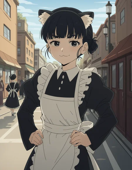 score_9, score_8_up, score_7_up, source_anime, <lora:tiara-basori-s1-ponyxl-lora-nochekaiser:1>, tiara basori, bangs, black hair, hair bun, black eyes, single hair bun,, skirt, long sleeves, animal ears, puffy sleeves, cat ears, apron, black dress, maid, fake animal ears, juliet sleeves, maid apron, city street, evening, streetlights, walking dog, quiet neighborhood, gentle breeze, smile, looking at viewer, smug, hands on hips,, solo,, cowboy shot, dutch angle
