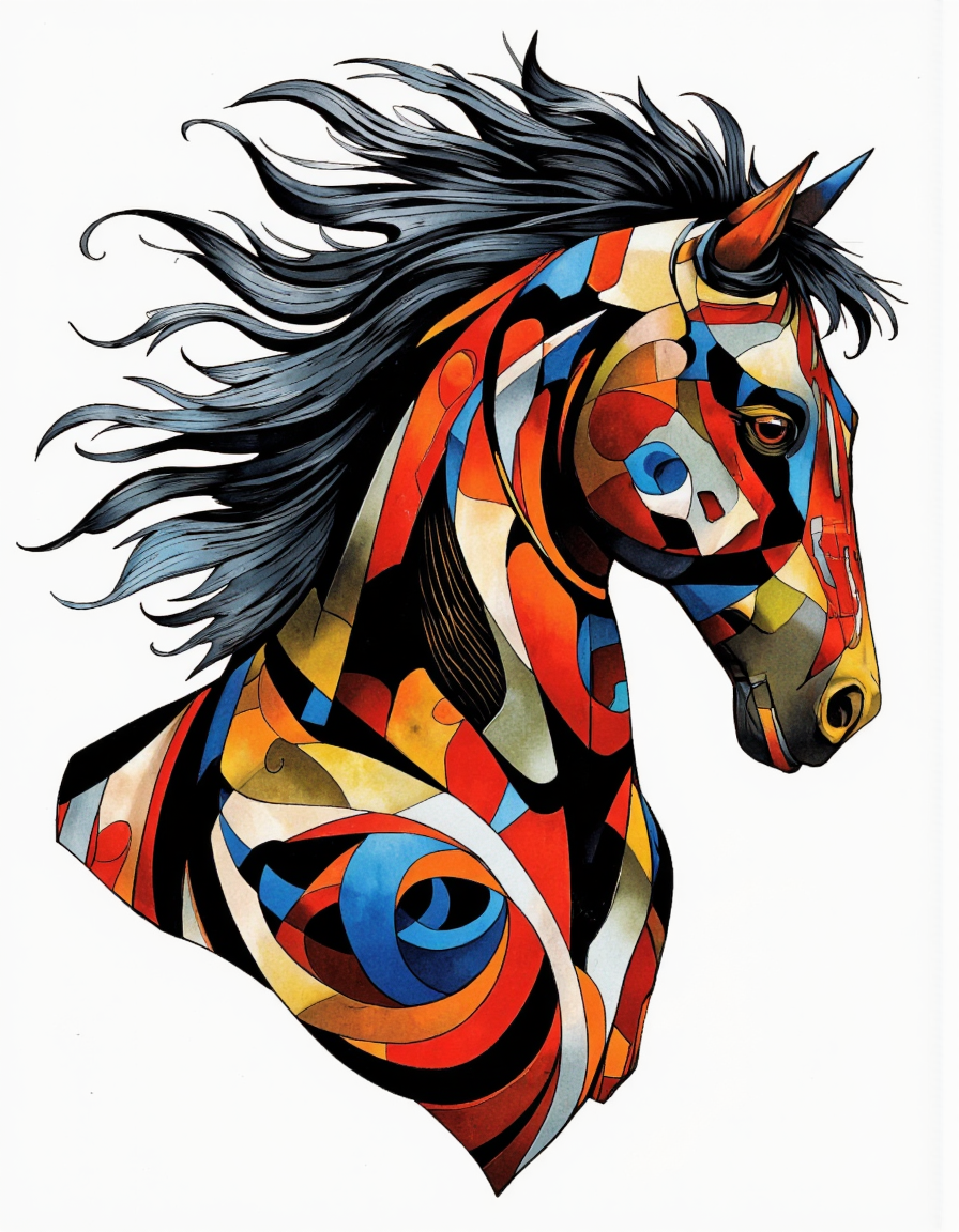 A stylized, abstract, geometric illustration of a horse with a flowing mane made up of multicolored geometric shapes in black, red, blue, yellow, and orange, set against a plain white background. the horse is positioned in the center of the image, facing towards the right side, with its head turned slightly to the left, and its mane and tail flowing in the wind. the mane is adorned with a spiky mane, and the colors blend together to create a vibrant and dynamic composition. the style is reminiscent of native american art, with bold lines and geometric shapes that create a sense of movement and energy. the overall effect is a striking and eye-catching piece of art that is sure to captivate the viewer.