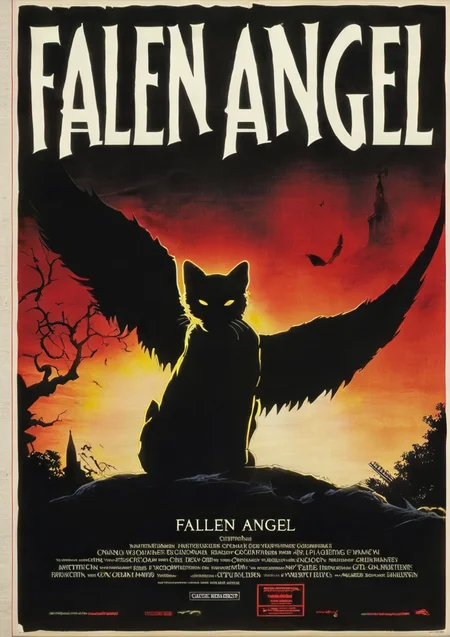 cinexart (title: "Fallen Angel") black cat movie poster <lora:cinexart:1>