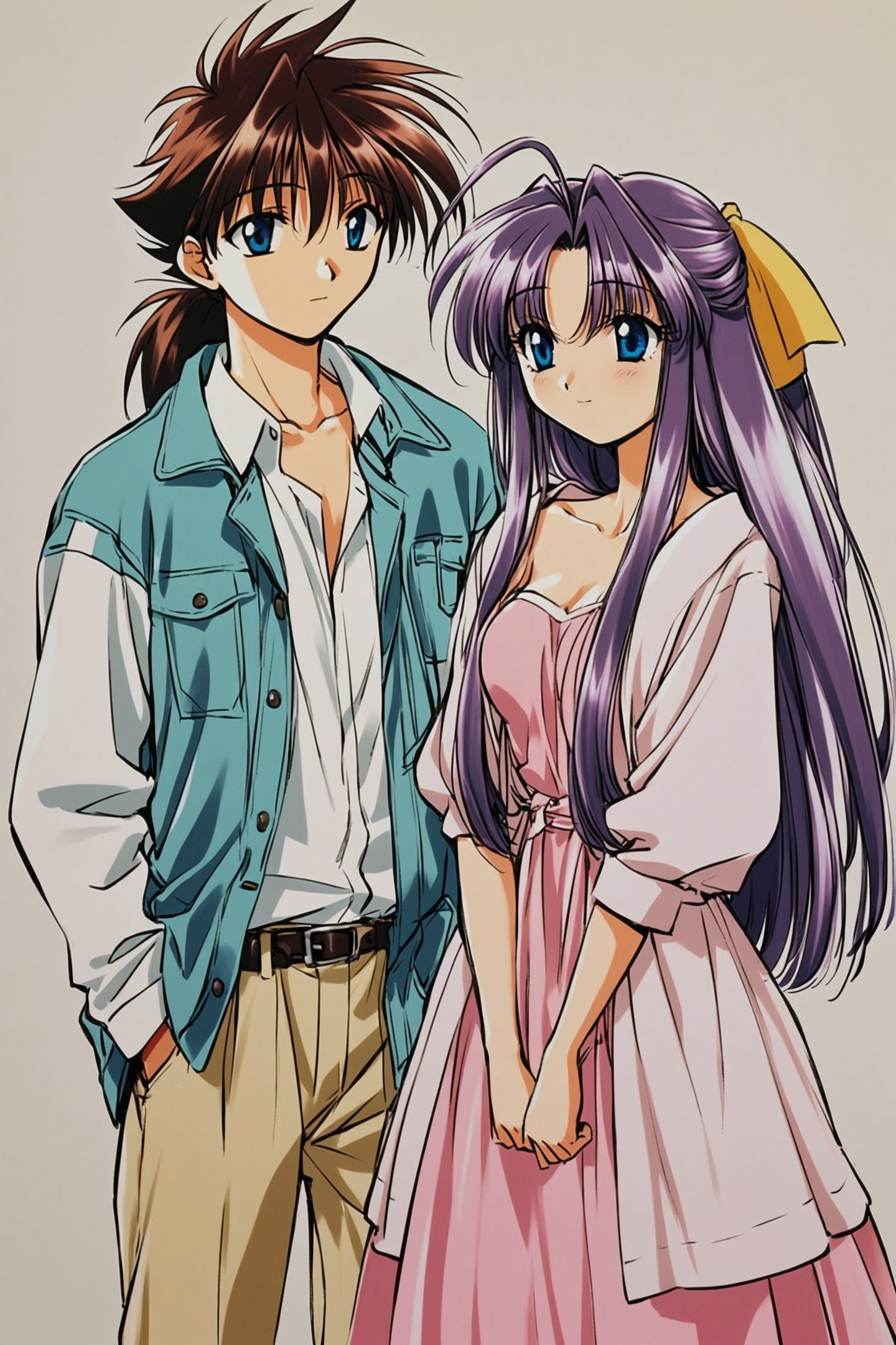 1girl,Shaorin,long hair,purple hair,dress,ponytail,1boy,Tasuke Shichiri,hand in pocket,blue eyes,hetero,couple,brown hair,jacket,simple background,<lora:Minene Sakurano_XL:0.8>,