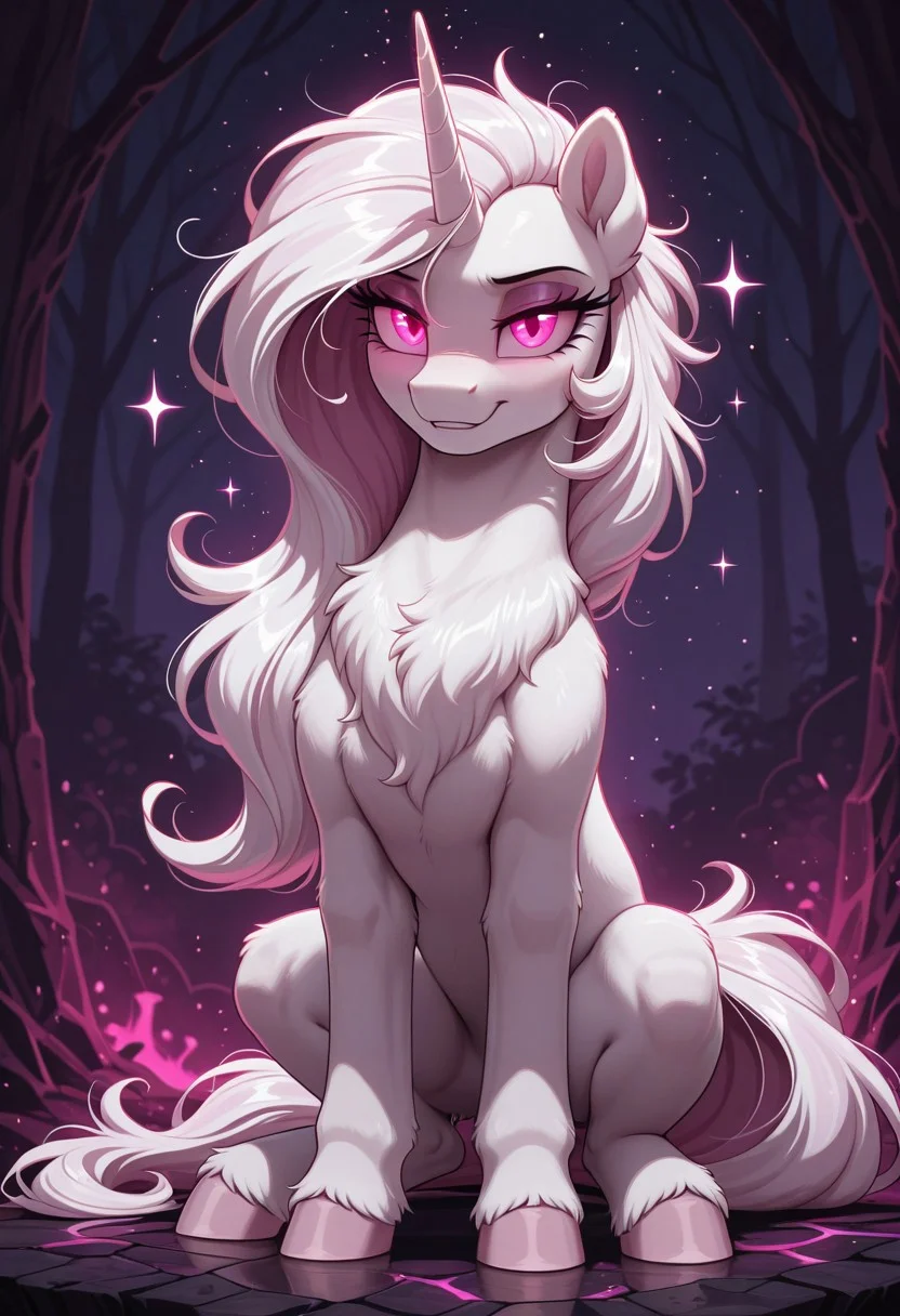 masterpiece, best quality, amazing quality, very aesthetic, absurdres, newest, 
1girl, feral, feral pony princess celestia ((white fur)), (shorter mane), (( mane is primarily a multi-colored with sparkles,mane)), (( pink eyes)), ((eyes_in_darkness)), glowing eyes, slit eyes, little pony, friendship is magic, quadruped, 
((outline)),
background,bedroom 
p0nuts, <lora:Ponut_Paradise:0.4>