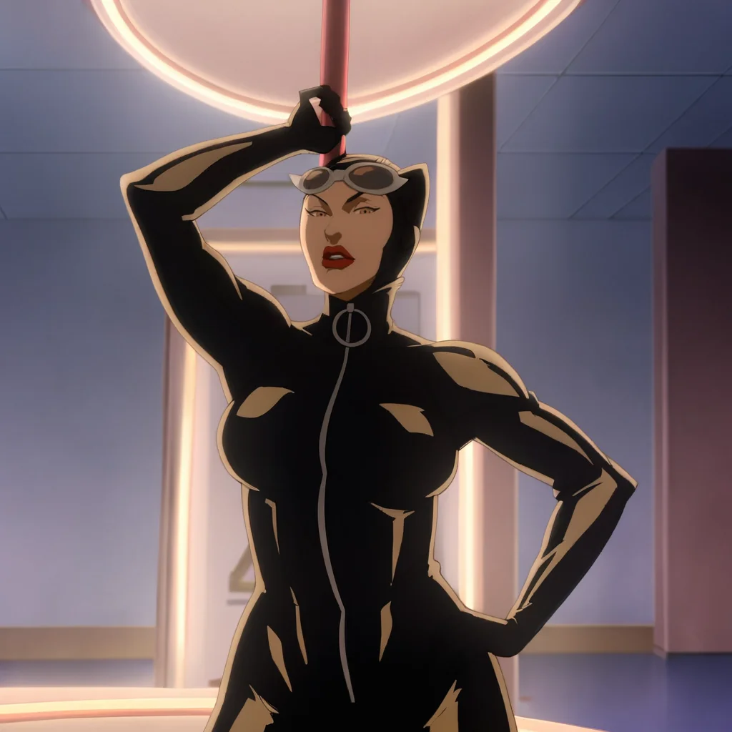 <lora:dcshowcasecatwoman_pony_v1:1>dcshowcasecatwoman, 1girl, eyewear on head, bodysuit, sunglasses, black hair, breasts,  lipstick, red lips, cowboy shot