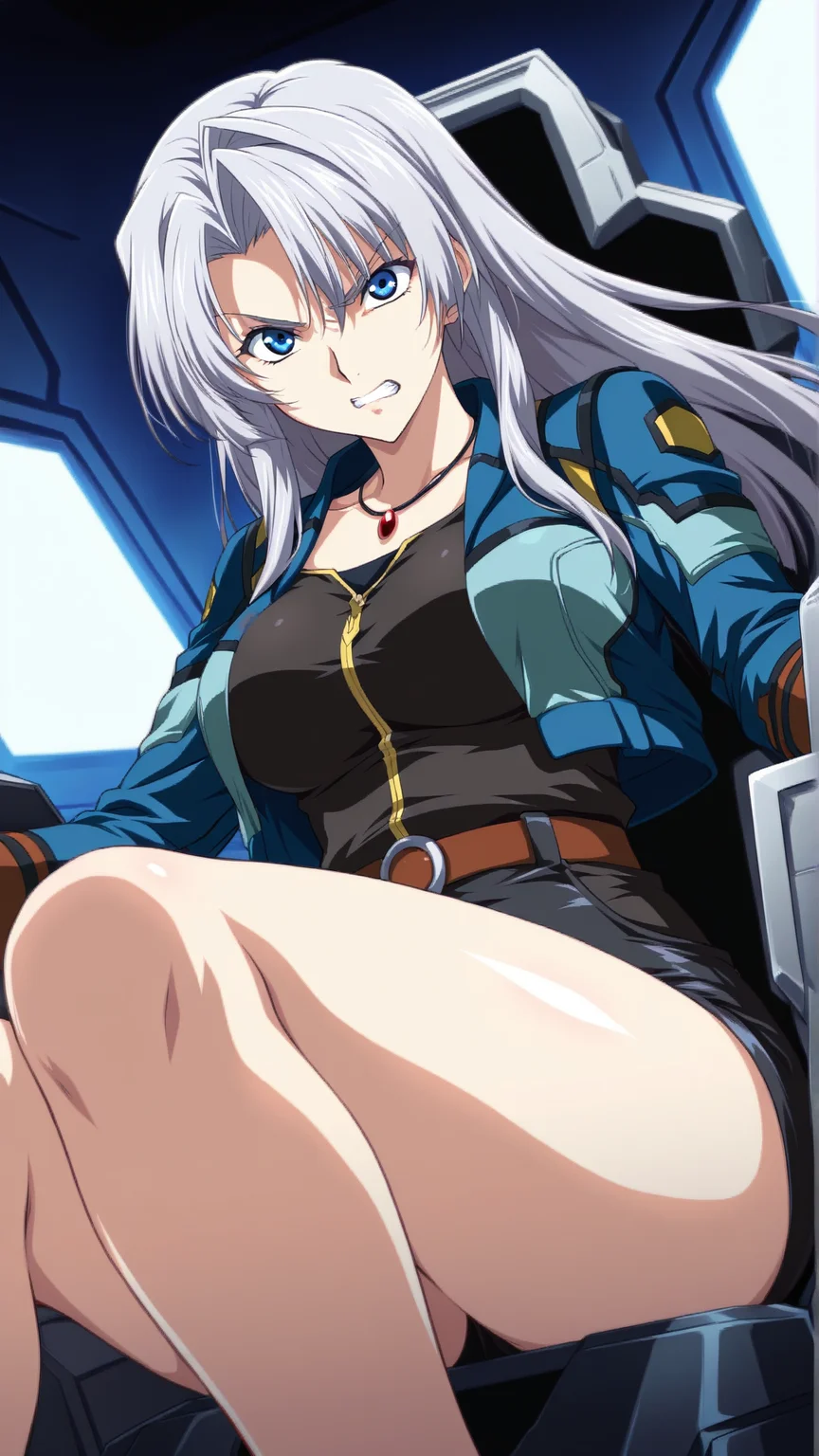 source_anime, general, best quality, masterpiece, 1girl, <lora:Calvina_ill:1> calvina\(srw\),silver hair,long hair,blue eyes,thighs, jewelry, thick thighs, necklace, blue jacket, black_shirt,black_short shorts,belt,dynamic pose, dutch angle, cockpit, angry, sitting,