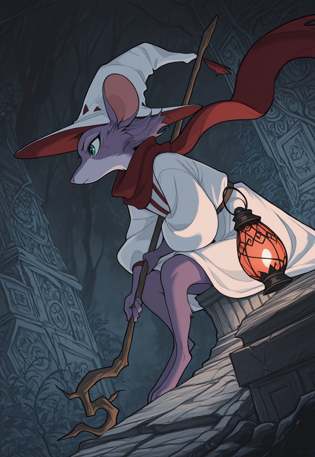Studio Ghibli Dark Fairytale, DISNEY_ANIMATION, <lora:Dark_Ghibli:1.5>, <lora:Disney_Animation_v5-V7:>,masterpiece, <lora:sowasowart_style-000016:1>,s0wasow4rt_illu, same height, masterpiece, 2mouse girls,  BREAK, cute, green eyes, hooded, red scarf, brown fur, scarf flowing in wind, deep forest background,  holding staff, (short hair), ancient ruins, at an angle, damaged ruins, coat, tunic, scar on eye, (white fur), close up:2, (furry), lantern, bottomless, from below, serious, exploring ruins, BREAK (purple fur, witch hat, holding magic staff, sitting), dungeon background, from front, action pose, white dress, bottomless, masterpiece, focused, determined, fighting pose, amazing quality, intricate details , flowing hair, thin black outline thin, white outline, abstract masterpiece, sharp detail, intricate detail, masterpiece ,amazing quality, intricate details , sometyome_illu ,xxx667_illu , reij-incs, thin white outline, thin black outline,, limited palette, 