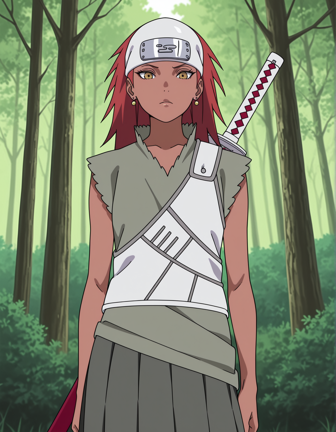 masterpiece,best quality, absurdres, highres,  <lora:Karui Illu:1> karuiillu, forehead protector, green shirt, white vest, grey skirt, earrings, katana,   weapon on back, looking at viewer, outside, forest,