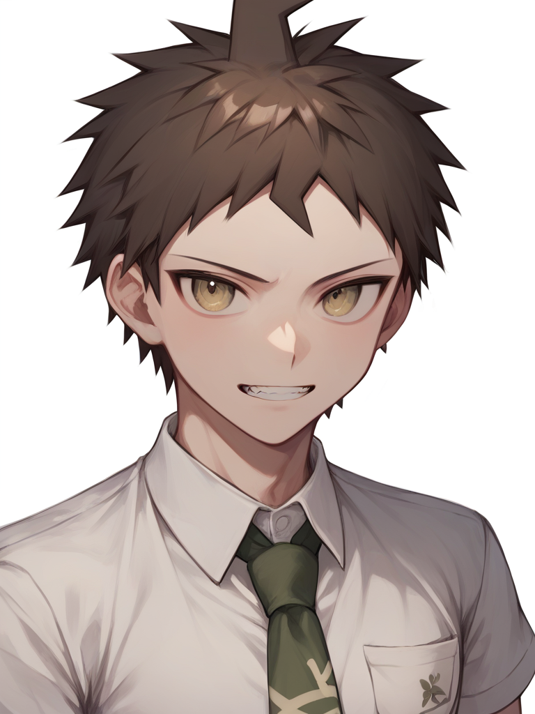 score_9,score_8_up,score_7_up,<lora:danganronpa_all:1>,1boy, character: hinata hajime, solo, simple background, white background, male focus, upper body, looking at viewer, teeth, brown eyes, brown hair, short hair, spiked hair, breast pocket, collared shirt, white shirt, green necktie, short sleeves