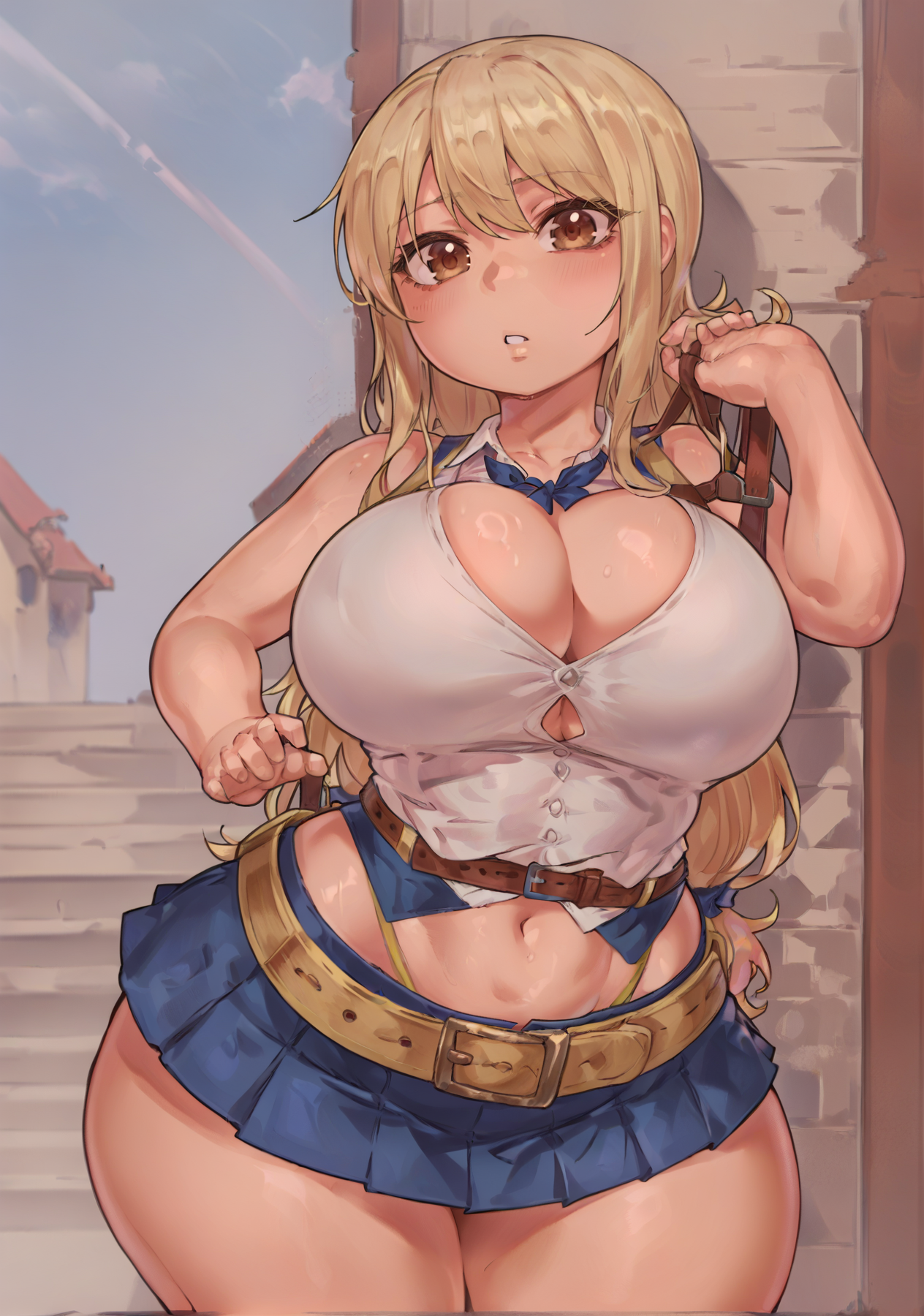 score_9, score_8_up, score_7_up, BREAK,<lora:Ourobot_Style_Pony:1>, 1girl, solo, large breasts, shortstack, thick thighs, cowboy shot, <lora:add-detail-xl:.5>, blonde hair, (light brown eyes), lucy heartfilia, long hair, white shirt, sleeveless, belt, blue skirt, midriff, cleavage